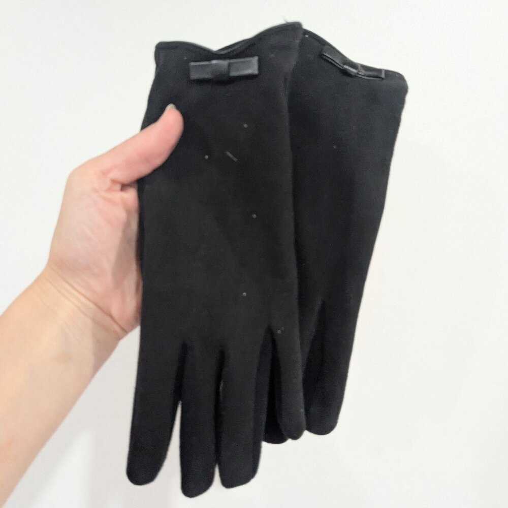 *3/$10* Velvet and Fleece Lined Gloves with Bow Detail Black Size L/XL
